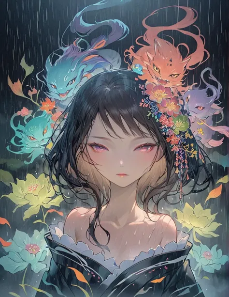 One Woman, Japanese Yokai, Draw a beautiful monster portrait, Beautiful art, colorful, Heavy rain in the dark, Very wet hair