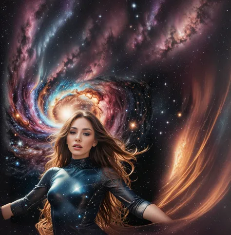 A woman in a black suit standing in front of a galaxy., Cyborg Goddess in the cosmos, girl in space, portrait of a cosmic goddess, Powerful woman sitting in space, her hair is the milky way, blonde girl in a cosmic dress, Goddess of space and time, Goddess...