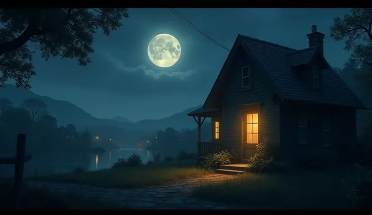 A home,midnight,moon.a window ligth on.the village cinematic intro