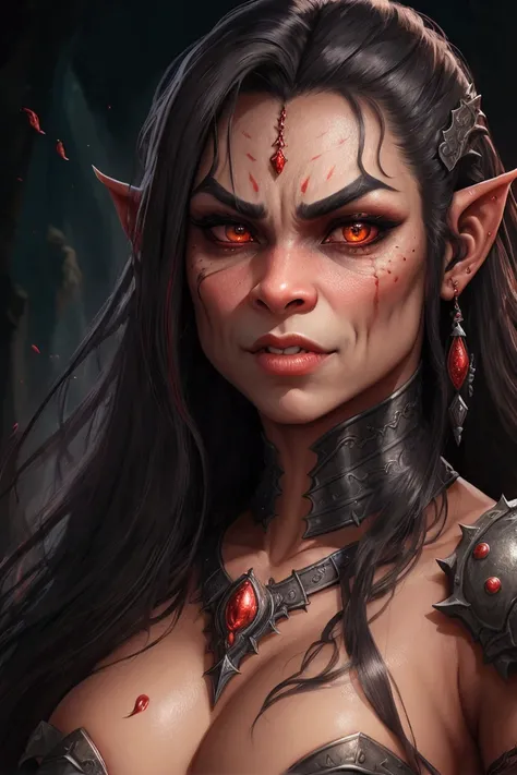 studio portrait of female orc extremely detailed, portrait, ( red eye ), (masterpiece, top quality, best quality, official art, beautiful and aesthetic:1.1), (black Long Hair Over Breast Stock), extremely detailed, portrait, looking at viewer, solo, (full ...