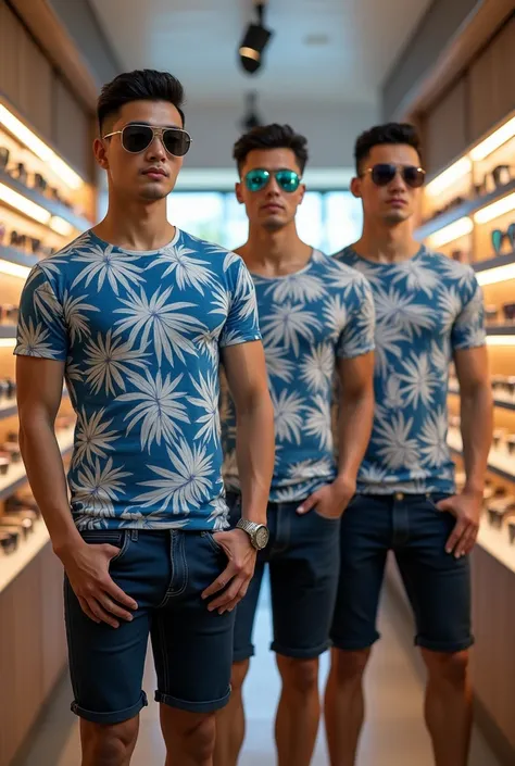 Create a image of handsome thai men wearing a tshirt with blue and white design with a black denim short standing in many sunglass store 