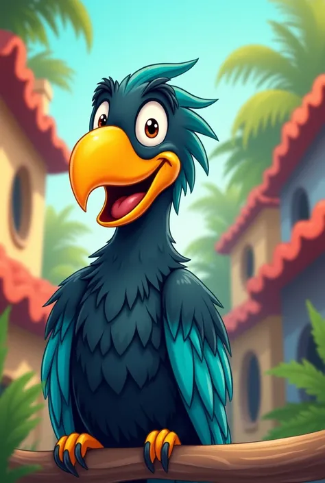 Macaw with yellow beak and black and aquamarine feathers in cartoon