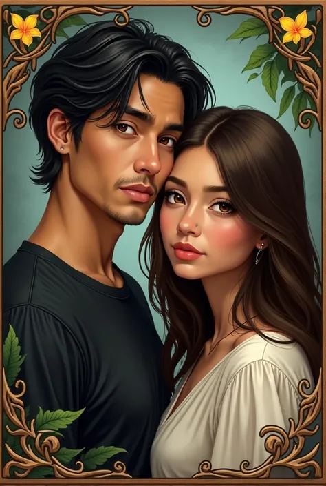 Create couple image in magic playing card style. Man with a mole on the left side below his mouth, slightly long and wavy hair, dark hair, eyes browns, marked jaw, black tee. The woman with straight hair, light tan skin, face a little round, medium straigh...