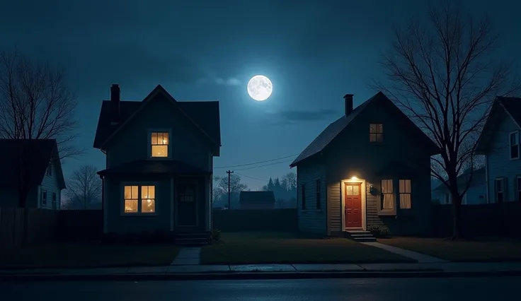 A home,midnight,moon.a window ligth on.the city.another home ligth off. cinematic intro