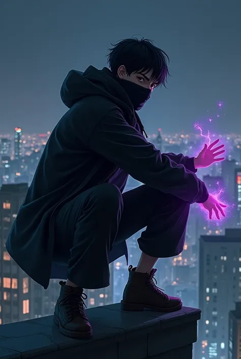 A boy on a rooftop watching the city at night on the edge of the roof crouching down, The boy is of thin build and has short hair with bangs, He is wearing loose black cargo pants and a black windbreaker with a scarf covering his nose and mouth., the boy i...