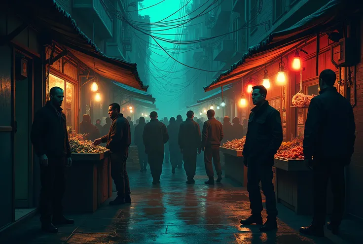 A bustling black market in a dark alley. Makeshift stalls sell contraband goods. Faded neon lights cast a gloomy light over the stage. The crowd is diverse, composed of people with tired and suspicious faces. Guards patrol in the background.