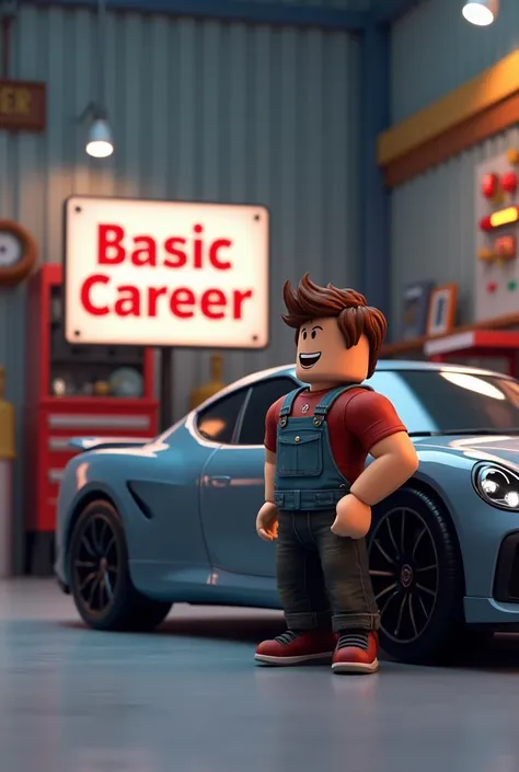 A Roblox character next to a car and in a workshop that says the sign "basic career"
