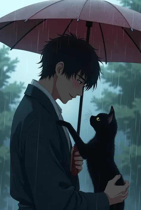 Dark-skinned anime man petting a black cat in the rain with an open umbrella 