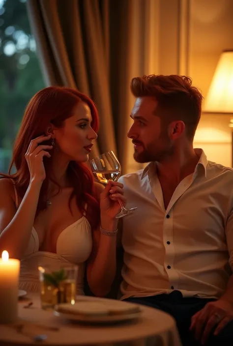 red-haired woman,with a red-haired man next to him,the two of them in a luxury place at the motel,drinking wine 