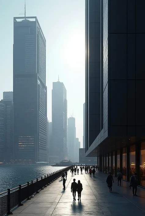 City by the sea, black buildings, people walking 