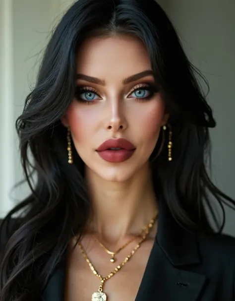 (((best qualityer))), highly detailed, high resolution. 30 year old American woman, brushed black hair, light green eyes, fleshy lips, silicone filled, white skin of business woman outfit and she is wearing gold jewelry 