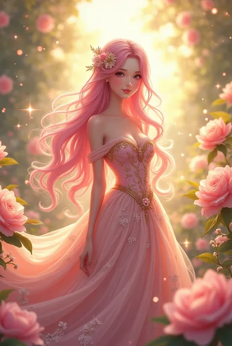 Pink-haired Princess: "A lovely anime princess with soft pink hair cascading down her back, wearing a pastel pink and gold gown with intricate floral designs. She stands in a blossoming garden surrounded by vibrant flowers, their petals reflecting the glow...