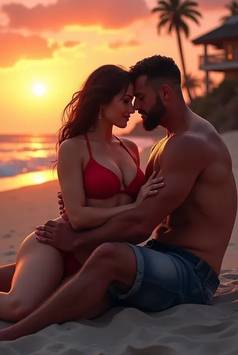 A man with a very big muscular body, strong, handsome, six-pack abs, sweaty white skin, sitting with his beautiful, fat wife in a red bikini on the beach, building at dusk, colorful sky, romantic, love, affectionate hug