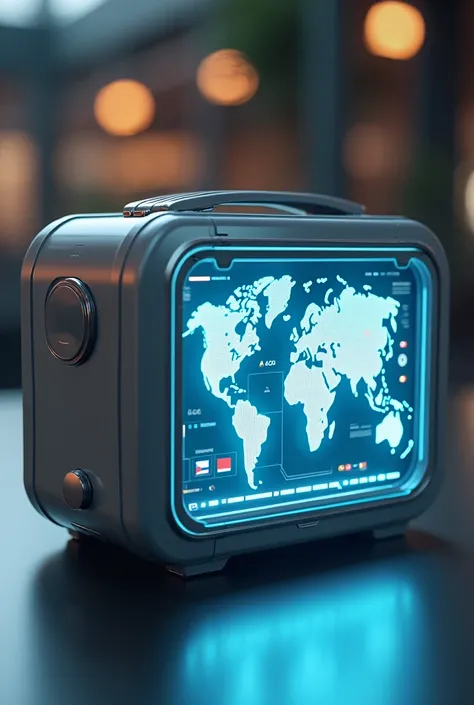 Futuristic lunch box with a touch screen with flags of different countries 
