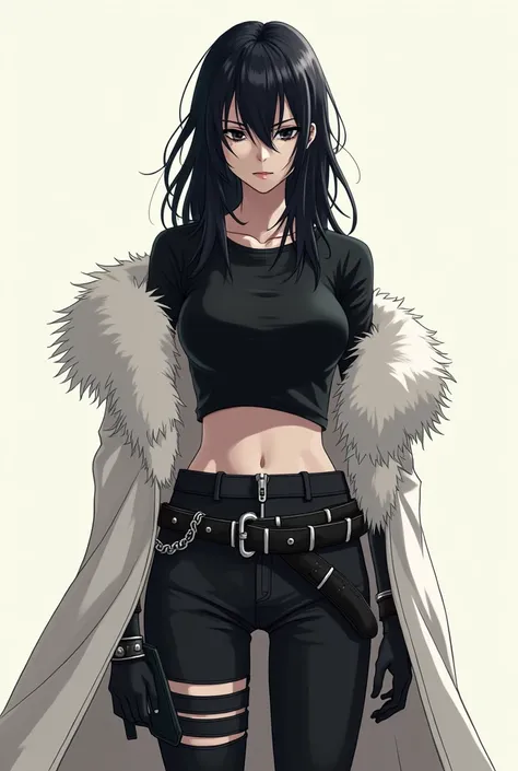 Naruto anime panel. tall girl, pale skin, Sharp black eyes with a serious and empty expression. long straight black hair, with messy bangs. outfit: Black long sleeve t-shirt with siper. Black ninja pants with bandages. Belts on the waist with weapons. Blac...