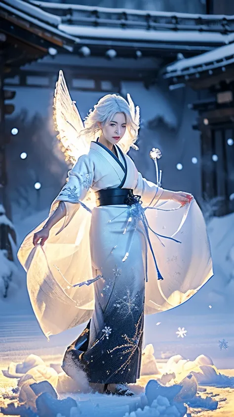 ((((Snow-white hair, as cold as ice)))), (A warrior racing through a blizzard of snow), ((((Kimono shimmering with ice crystals)))), (Ultra-HD, top-tier quality, incredibly beautiful, cold as an ice sculpture), 24000dpi, ice queen, cold, sharp gaze, ice bl...