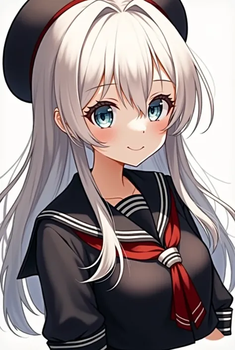 A smiling girl，Long white hair，Blue Eyes，Wearing a sailors uniform，White background，Half-length photo