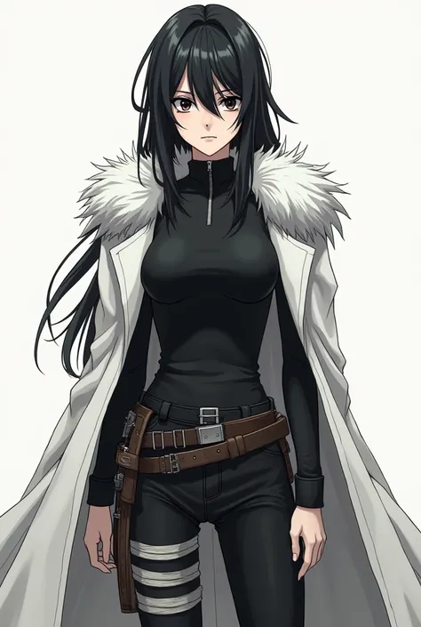 Naruto anime panel. tall girl, pale skin, Sharp black eyes with a serious and empty expression. long straight black hair, with messy bangs. outfit: Black long sleeve t-shirt with siper. Black ninja pants with bandages. Belts on the waist with weapons. Blac...