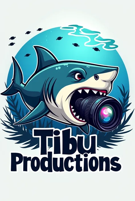 Make a logo where a shark appears taking a photograph and the words tibu productions appear 