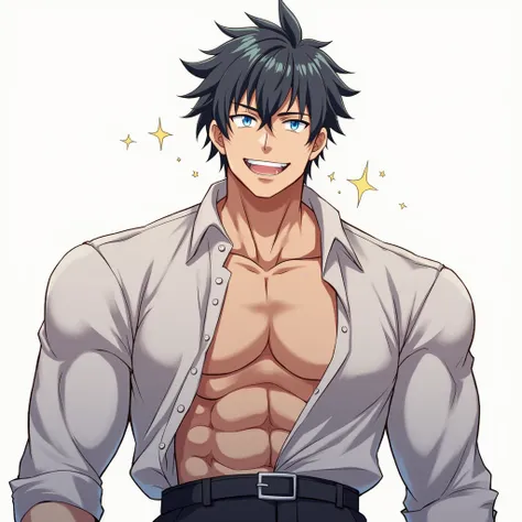 A muscular men. With Shirt 
Solo, High Resolution, Short Hair, Smile, Blue eyes, Hatching (Texture), Sparkle, Anime Style, Anime, 