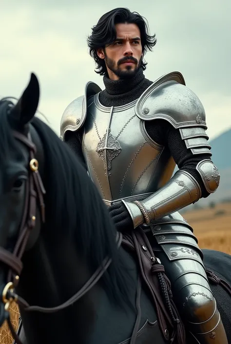 Dark gentleman but not so dark, Strong and handsome with short silky wavy black hair in silver armor riding a black horse