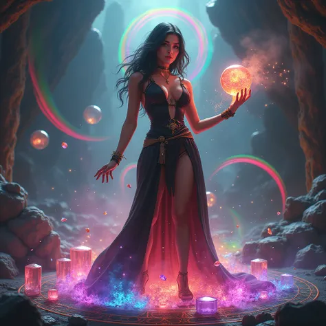 a beautiful young female alchemist, extremely voluptuous with exaggerated breasts, wearing a sexy outfit, radiant rainbow-colored alchemy effects, a rainbow-colored crystal ball, a colorful magic circle, rainbows, multicolored crystals and gemstones, (best...