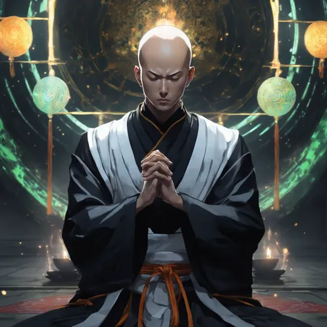 anime character sitting in meditation position with a sacred circle in the background, taoist priest, zen méditation cyberpunk, handsome saitama, concept art of a monk, handsome saitama. intricate, portrait of saitama, daoist, a cyborg meditating, inspired...