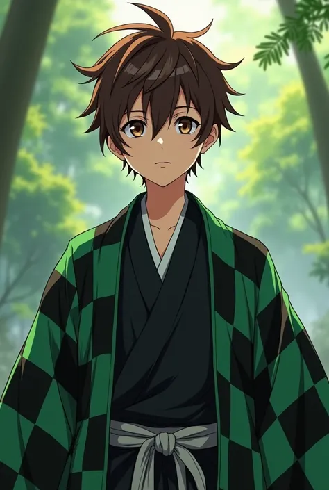 Anime boy with haori with black and green checks and brown hair 