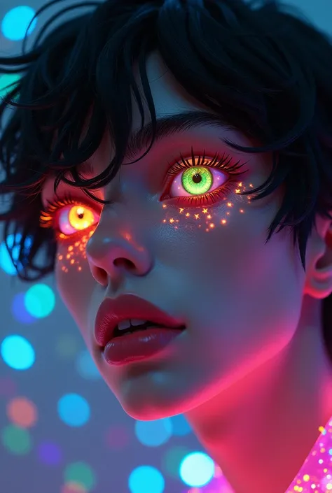 Close-up of an improved masterpiece:1.5)0.9], (Dancing in a disco:1.2) (messy black hair:1.1) (heterochromia: xanthochromia and dark green eyes:1.2)  (colored stars in the eyes:1.0) (A radiant glow:1.1) (thick lips:0.9) (masculine)