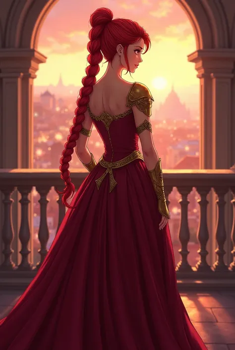 Red-haired Princess: "An anime princess with striking red hair, tied into elegant braids that flow down her back, dressed in a deep crimson gown with golden armor accents. She stands on a balcony overlooking a vast, glowing kingdom at dusk. Her delicate fe...