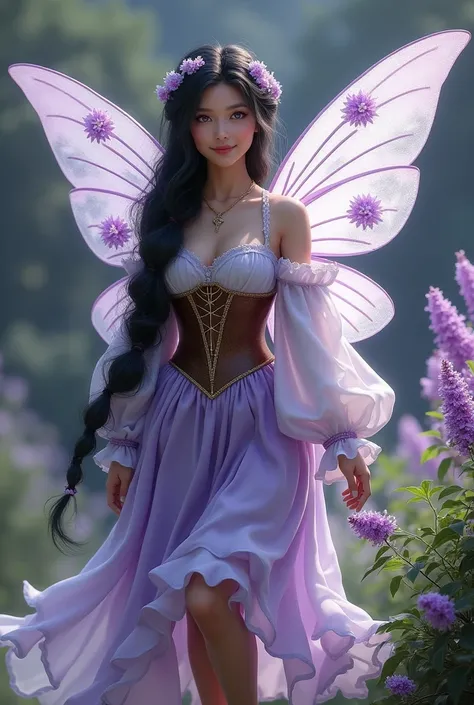 Fairy with large translucent wings, with lilac heather flowers sprouting on the wings, with violet eyes and long braided black hair reaching her ankles and bare feet, with a medieval peasant dress in lilac white with a brown corset
