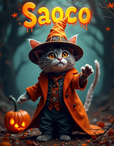 banner for a concert called SAOCO HALLOWEEN, Leave me 3 blank boxes to add other images and in addition to that leave a message for pre-sale tickets where they are Platinum Zone - 40 soles and Box Zone - 70 soles the main drawing has to be a cat with a Hal...