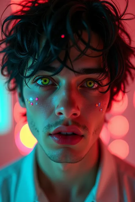 Close-up of an improved masterpiece:1.5)0.9], (Dancing in a disco:1.2) (messy black hair:1.1) (heterochromia: xanthochromia and dark green eyes:1.2)  (colored stars in the eyes:1.0) (A radiant glow:1.1) (thick lips:0.9) (masculine:1.3)