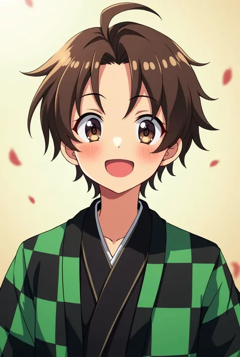 Anime boy with haori with black and green checks and brown hair and a smile