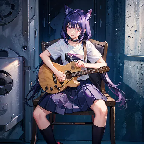 anime catgirl, playing guitar, black skirt, large white t-shirt, sit on a chair, dark purple hair, golden eyes