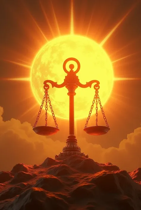 Draw the sun very large and bright, the sign of Libra being illuminated by the sunlight and becoming splendid.. realistic and detailed.