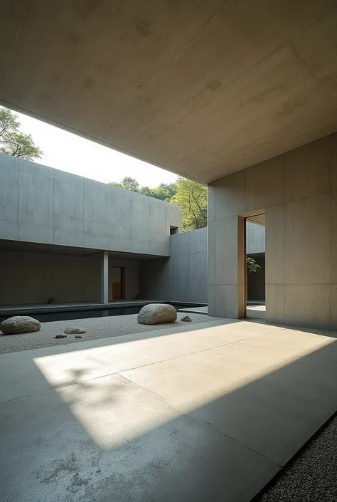 Design a sacred space for meditation inspired by the Zen principles of simplicity, emptiness and harmony with nature, Located near Ryoanji Temple in Kyoto, Japan. The structure must be completely made of concrete, Showing a minimalist and raw texture that ...