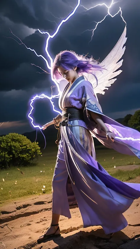 ((((Japanese women, , beautiful girl)))), ((((Purple Hair, Wear the wind)))), (A warrior who controls wind and lightning, Purple lightning splits the sky), ((((Purple kimono fluttering in the wind)))), (Ultra HD, Highest quality, Overwhelmingly beautiful),...