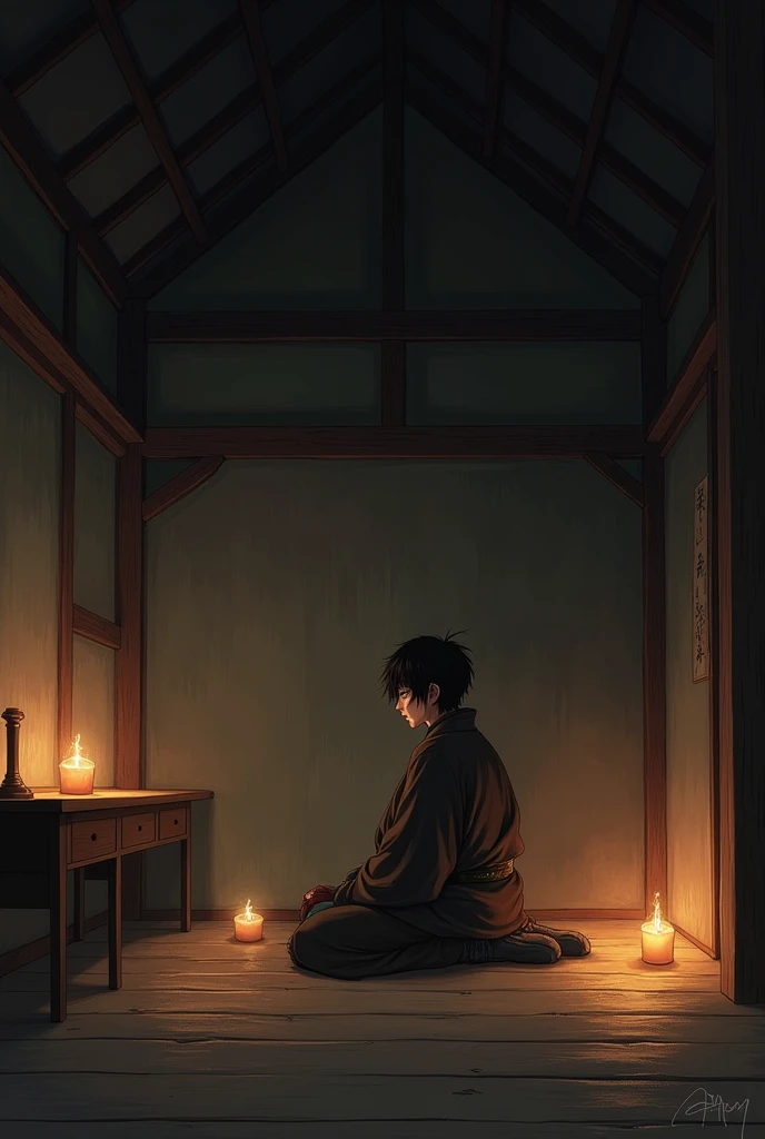 Inside an empty hut during the Sengoku period at night, with few candles, the image made horizontally