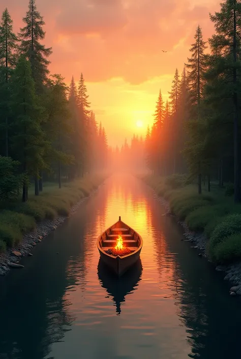 I would like an image of a sunset on a boat in the middle of a narrow river, with many trees around