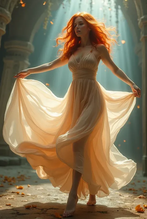 Une magnifique femme enrobee au grain de peau lisse rousse, avec une magnifique robe aerienne fzit de voile avec des couleur différente , qui danse avec un effet de vent dans la robe  , decor féerique 