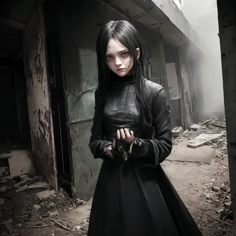 a young girl of about 15 to 1 with a scary, sinister and crazy appearance [in a moderate way]. she has pale skin, light green eyes that convey a sense of threat, and long, straight hair, deep black. His expression is cold and distant, giving the impression...