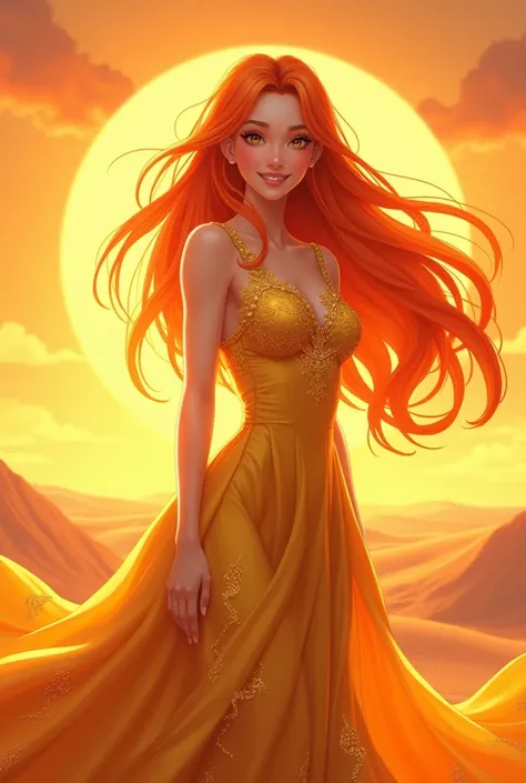 "A radiant anime princess with flowing orange hair that resembles the colors of a sunset, dressed in a vibrant golden gown with flame-like patterns. She stands in a glowing desert, the horizon ablaze with a brilliant sunset. Her delicate features, warm smi...