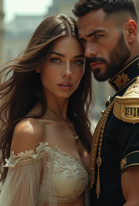 Beautiful brown haired woman with brown eyes being a goddess, while a muscular 2 man (Get inspired by Nick Bateman) with grey eyes and black hair is at his side, protecting her both using London military clothing with the logo that says FEMF, realistic ima...