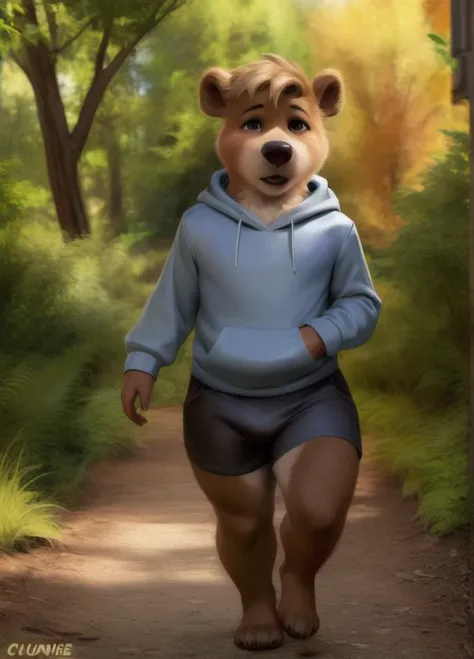 (by chunie, sqoon), Boo Boo, furry male anthro, cute bear boy, grey hoodie, black shorts, solo, (body fur:1.2), (best quality), (detailed fluffy fur, fur, furry body:1.2), looking at viewer, emabarrassed, blushing, nsfw, thick thighs, high, huge penis, pen...