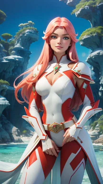 Best quality, vivid colors, acrylic realistic SHARPEN art of a beautiful European woman with long hair stands in a lateral point of view, wearing sci-fi glossy white armor and a tactical belt. She have a suspicious face and shy smile, holding a harpoon, Th...