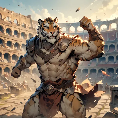 masterpiece, best quality, very aesthetic, absurdres, BREAK [face:full body:0.25], looking away, from above, gladiator, plump middle-aged tiger man, fluffy body, BREAK [small penis with beautiful thin and tight foreskin, hairy testicles, flaccid, thin fore...