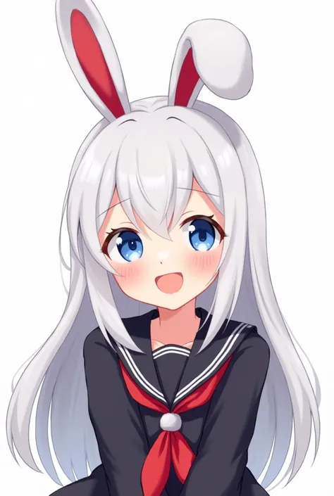 A smiling girl，Bunny ears，Long white hair，Blue Eyes，Wearing a black and red sailor uniform，White background，Half-length photo