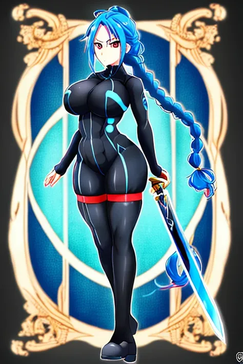 braid ponytail, 2d, anime sceeencap, red eyes, light blue hair, blue hair, long hair, bodysuit, black bodysuit, serious, breasts, big breasts, large breasts, futuristic, science-fiction, full body, looking at viewer, standing, pantyhose, thighhighs, sword,...