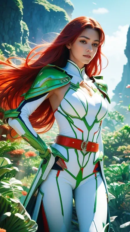 Best quality, vivid colors, acrylic realistic SHARPEN art of a beautiful European woman with long hair stands in a lateral point of view, wearing sci-fi glossy white armor and a tactical belt. She have a suspicious face and shy smile, holding a harpoon, Th...